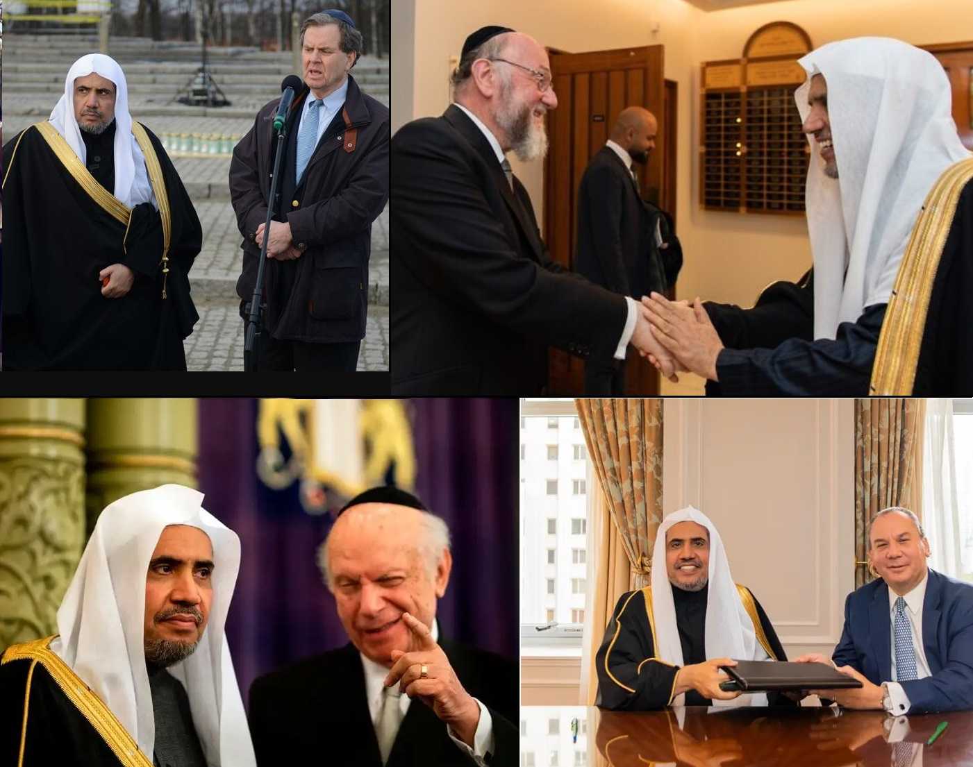 Mohammad Abdulkarim Al-Issa bersama pelbagai personaliti Zionis, (dari kiri atas) Ketua American Jewish Committee David Harris; Rabbi Ephraim Mirvis dari UK; dan dua lagi rabbi berpangkalan di AS, Marc Schneier dan Arthur Schneier yang kesemuanya mempertahankan tindakan ketenteraan Israel di Gaza.