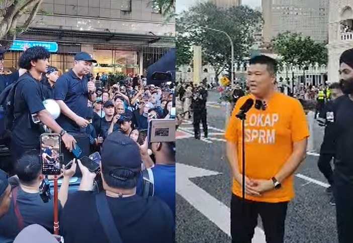 Former minister Rafizi Ramli (left) and whistleblower Albert Tei were among those who took part in the rally calling for Azam Baki's arrest.