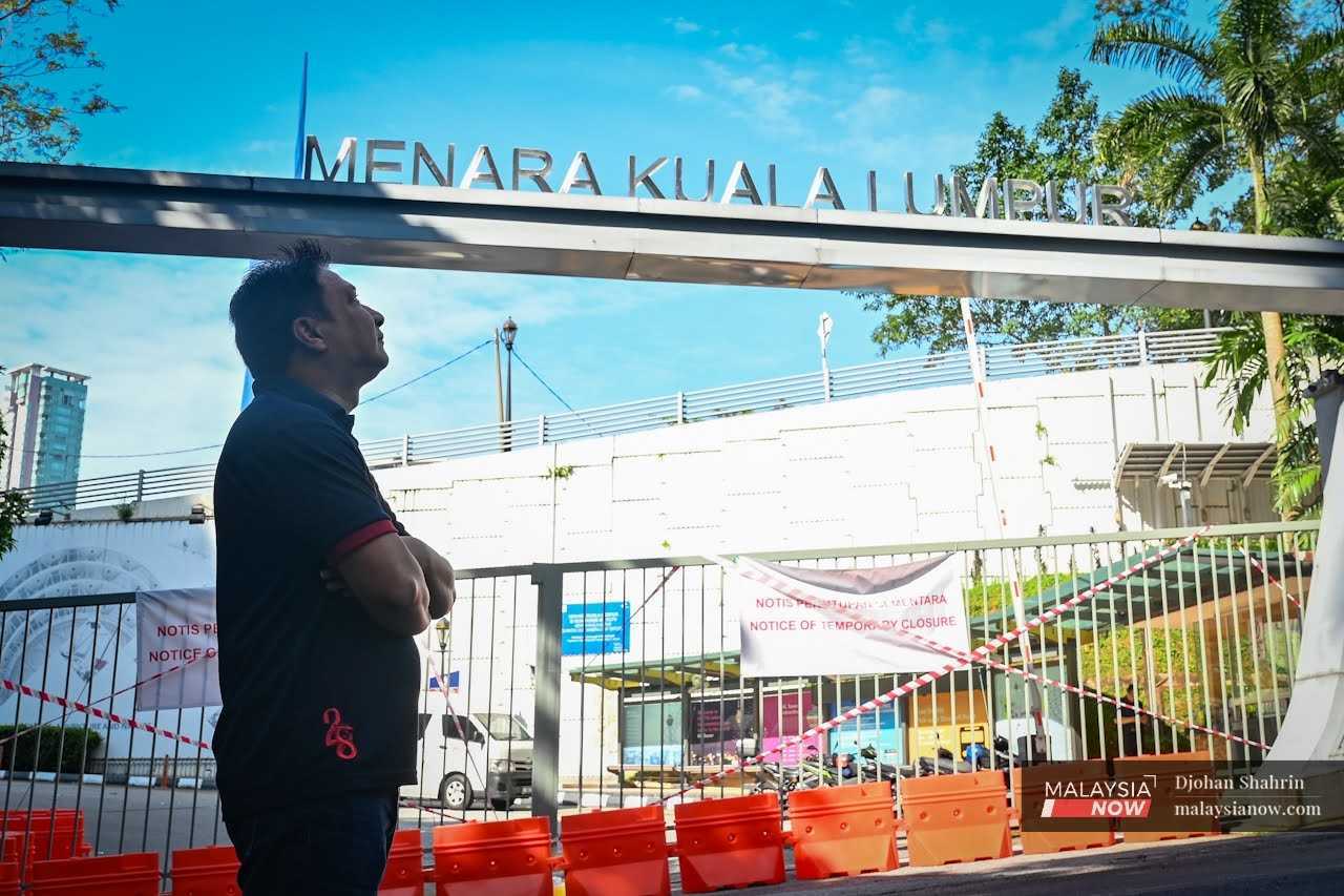 HydroShoppe&rsquo;s Abdul Hamid Shaikh Abdul Razak Shaikh outside KL Tower following his forced eviction in April 2025.