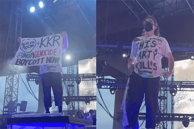 A protest against KKR during a Boiler Room music event in New York in July 2025. KKR is the parent company of the platform&rsquo;s owner, Superstruct Entertainment.