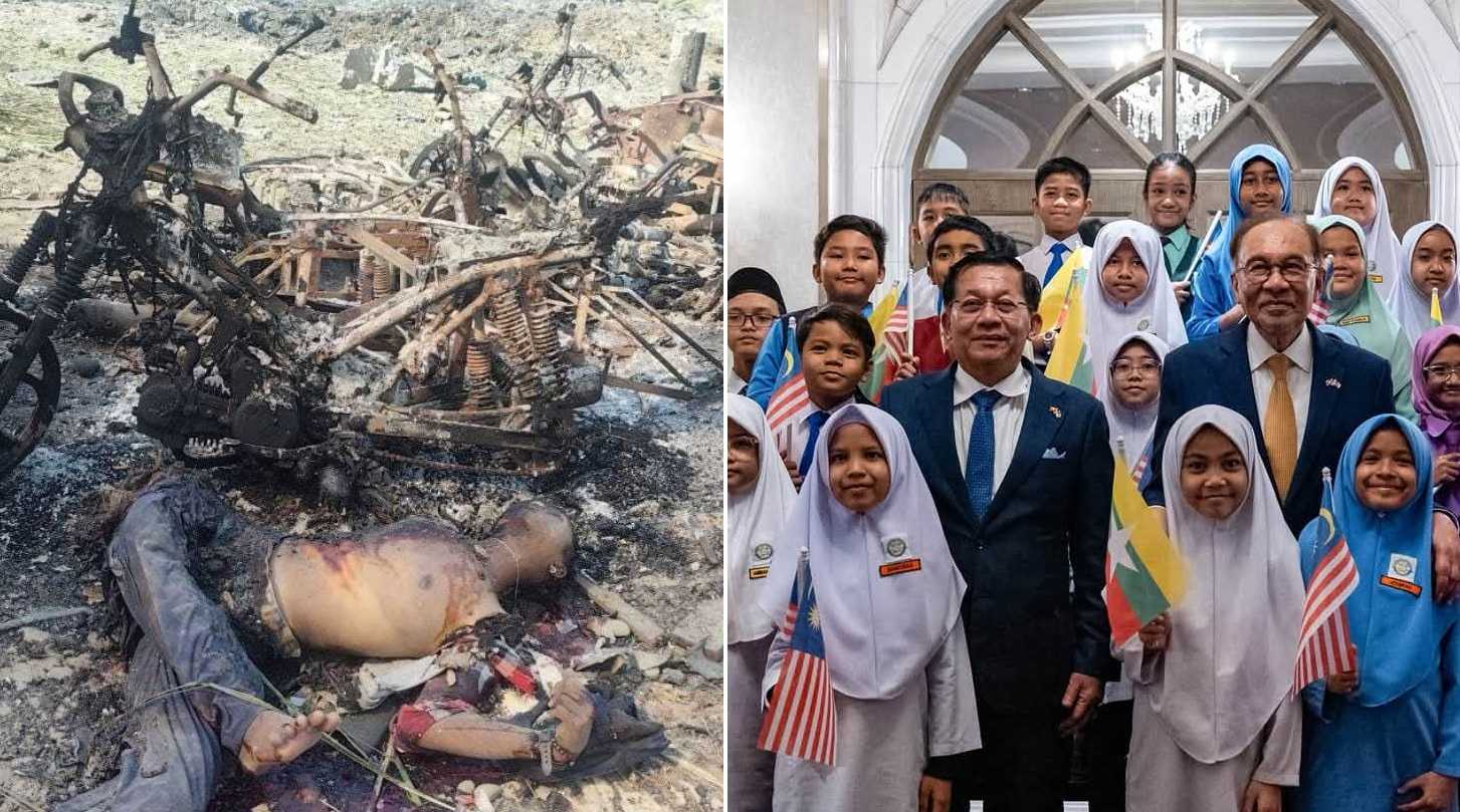Min Aung Hlaing, whose regime launched a deadly airstrike on a crowded market in Rakhine on Sept 28 (left), poses with Anwar Ibrahim and a group of schoolchildren (right) during a rousing welcome for the Myanmar dictator in Putrajaya, Oct 8, 2026.